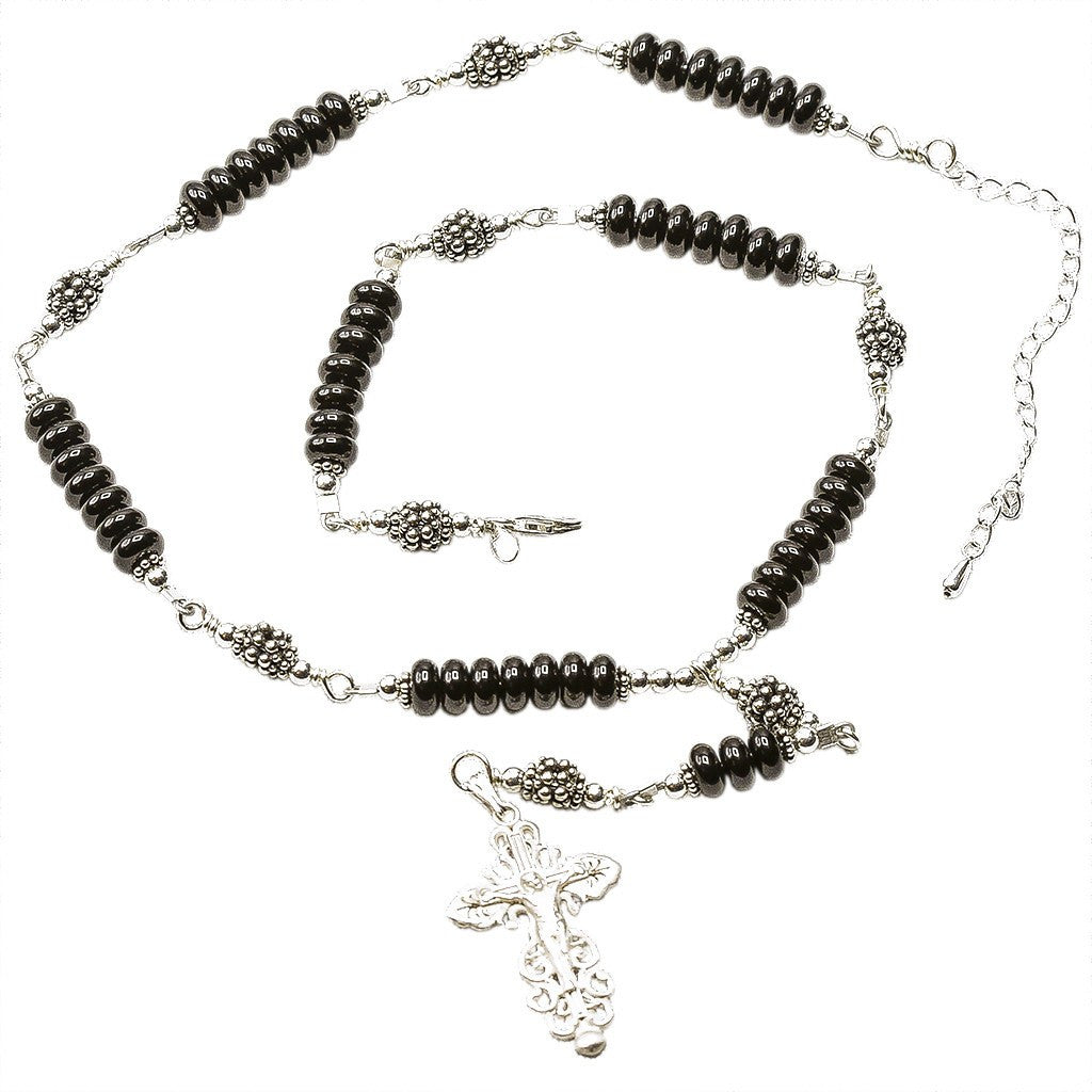 Sterling Silver 7 Sorrows Rosary Necklace Onyx