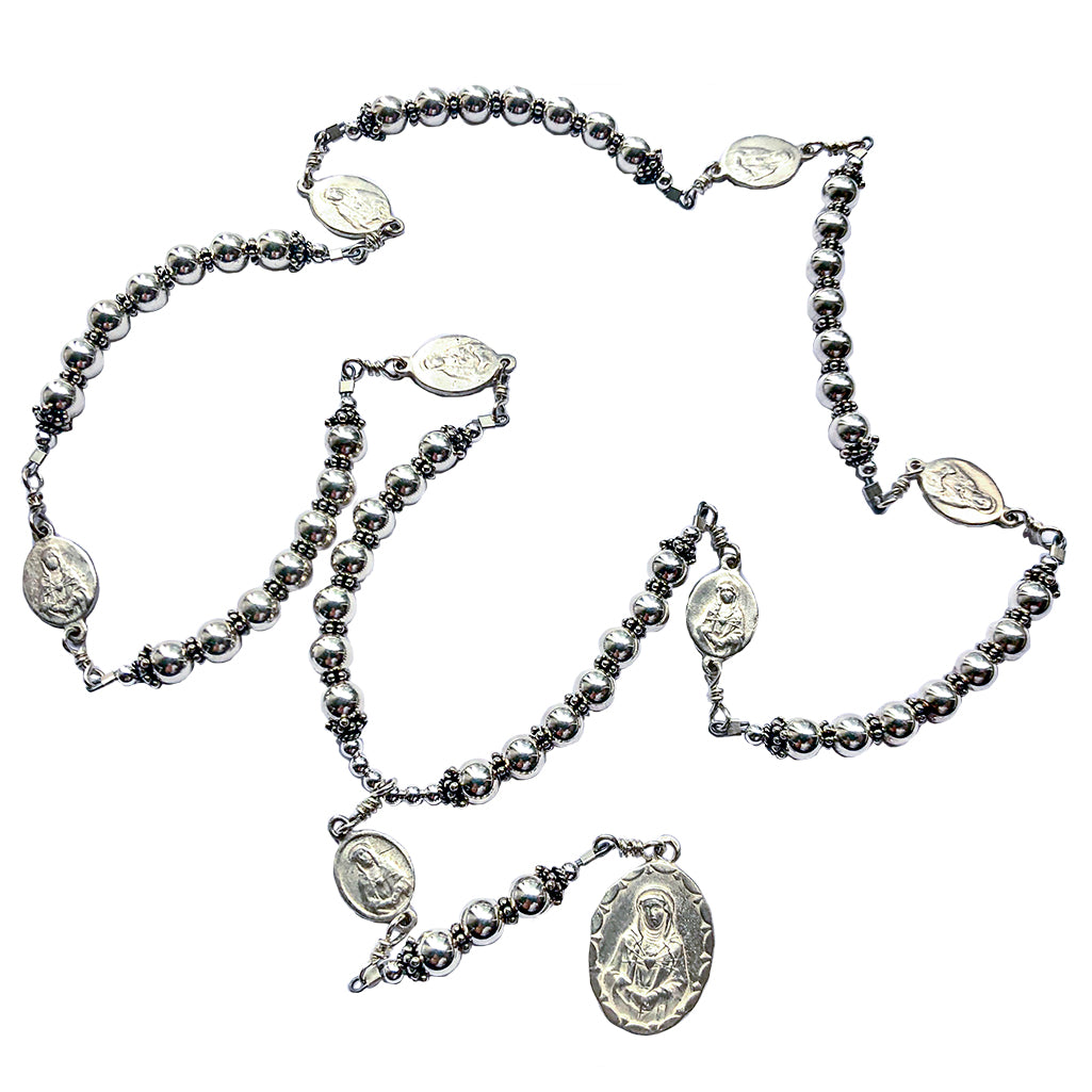 Sterling Silver 7 Sorrows Rosary Necklace 6mm Seven Large Large 7 Sorrows Medal Set 26&quot;