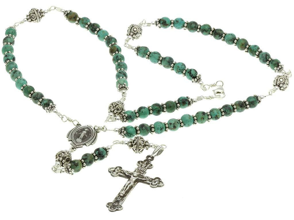 Sterling Silver Rosary Necklace Turquoise 6mm Crucifix, Miraculous Medal