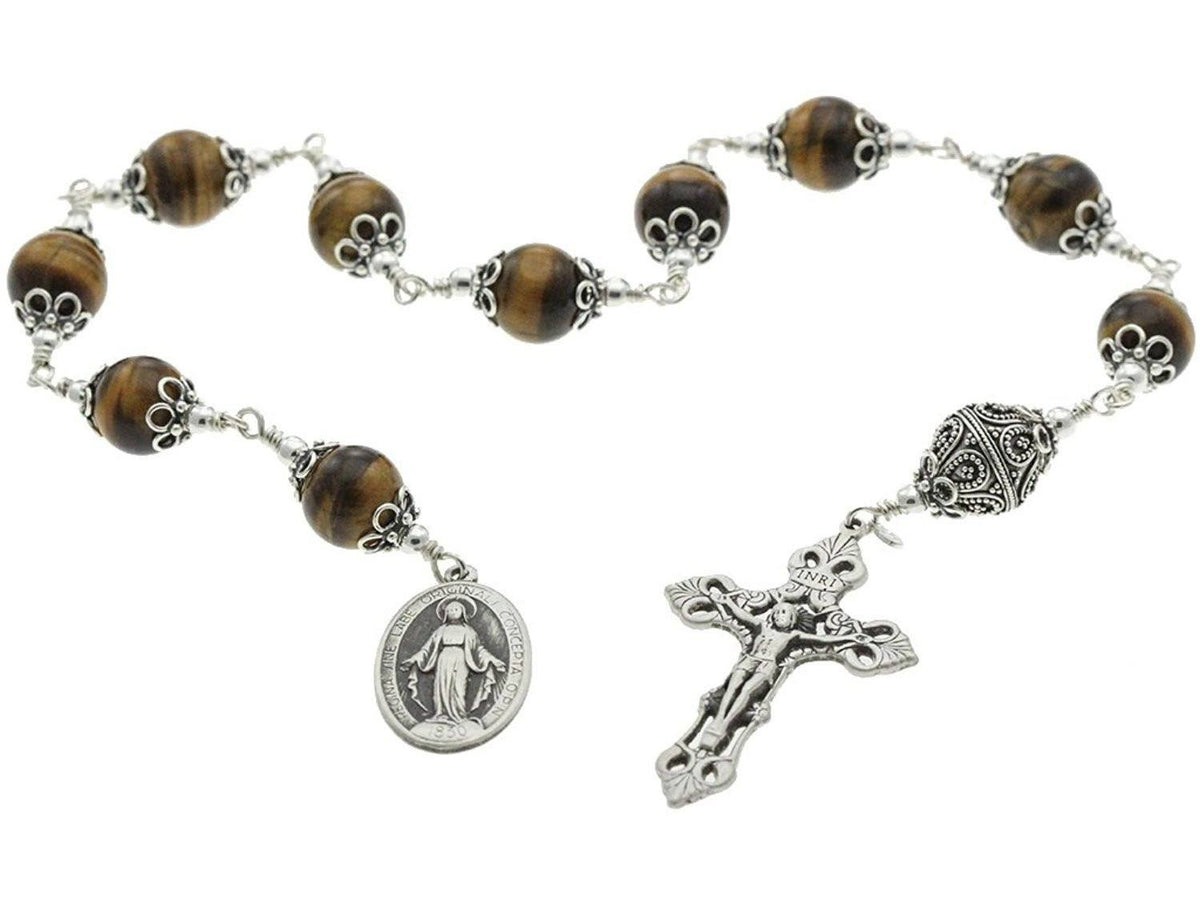 Sterling Silver Single Decade Rosary, 12mm Tiger Eyes