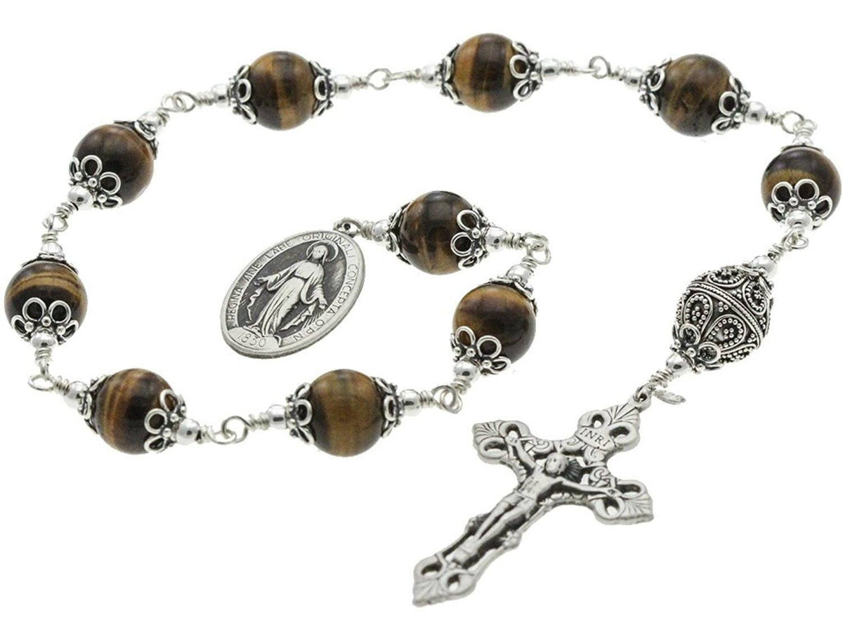 Sterling Silver Single Decade Rosary, 12mm Tiger Eyes
