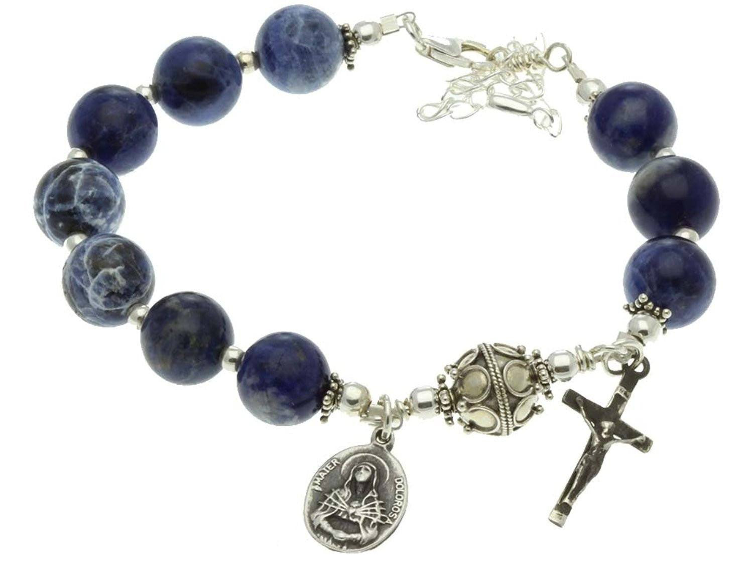 Sterling Silver 7 Sorrows Rosary Bracelet Sodalite Crucifix Our Lady of sorrows