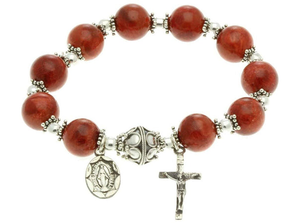 Sterling Silver Elastic Rosary Bracelet, Red Sponge Coral 10mm