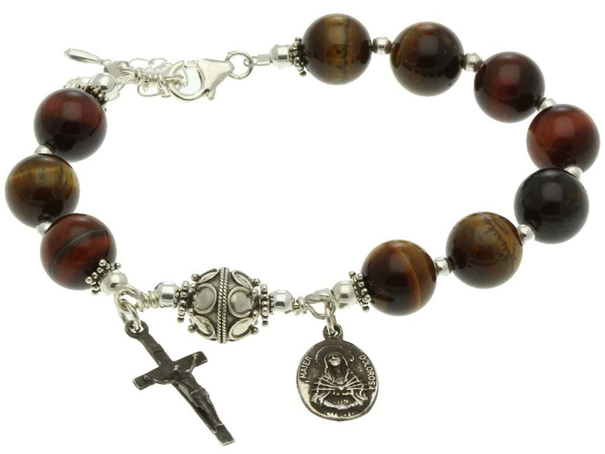 Sterling Silver 7 Sorrows Rosary Bracelet, Multi-Color Tiger Eyes 10mm