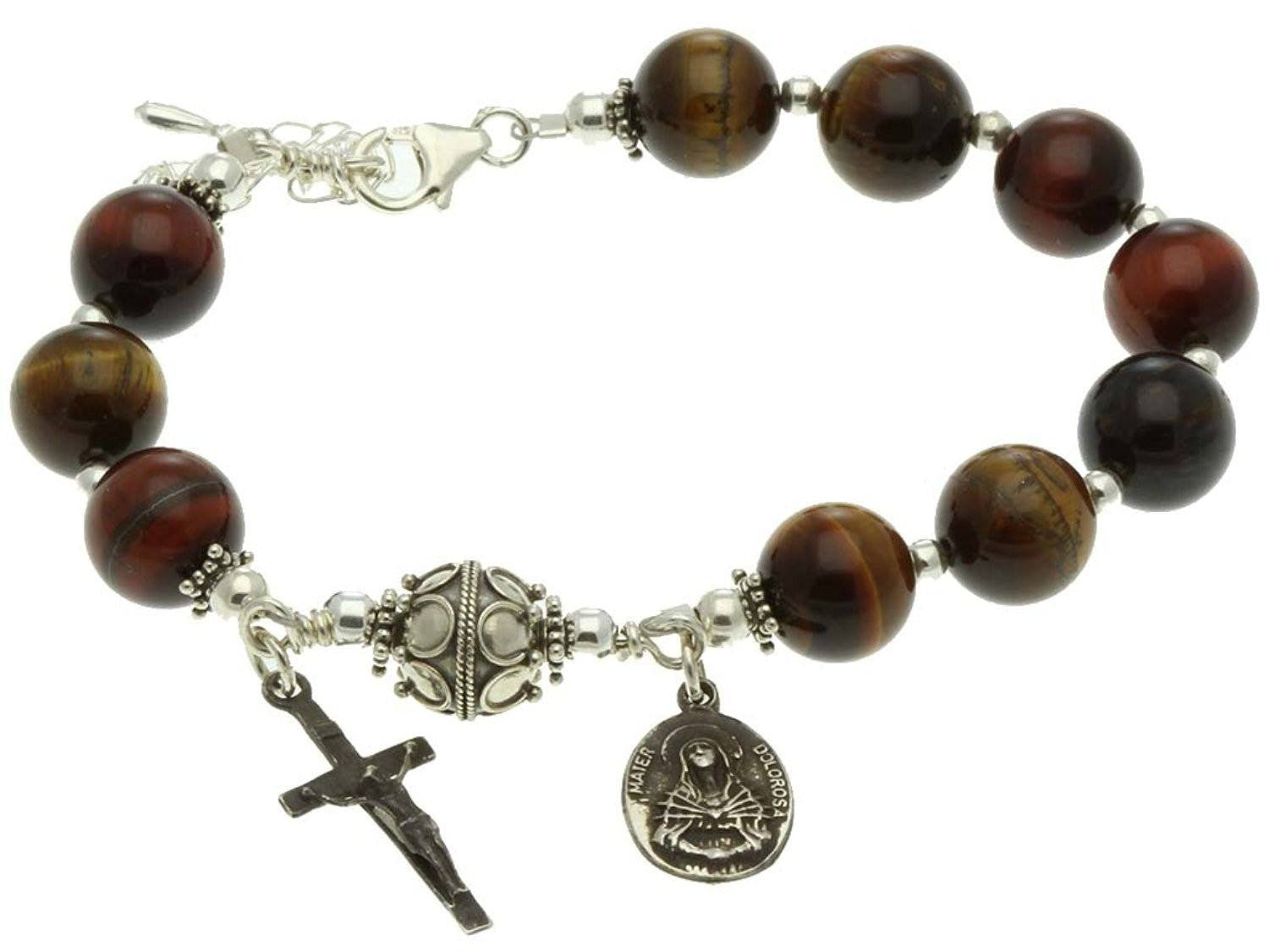 Sterling Silver 7 Sorrows Rosary Bracelet, Multi-Color Tiger Eyes 10mm