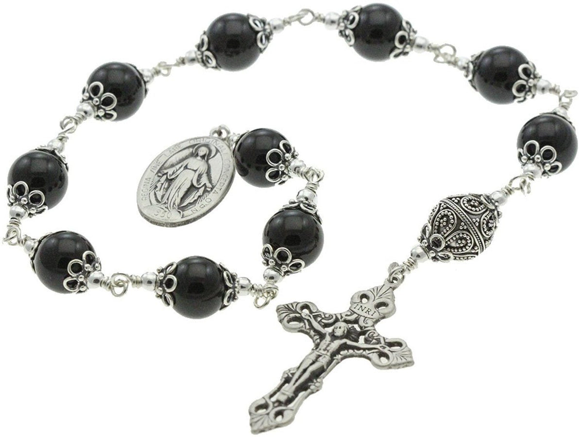 Sterling Silver Single Decade Rosary, 12mm Onyx, Crucifix, Miraculous 