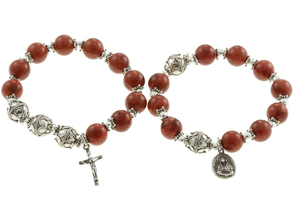 Sterling Silver Double Elastic Rosary Bracelet, Red Sponge Coral 10mm