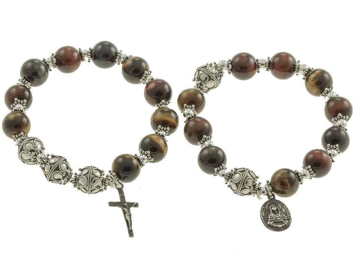 Sterling Silver Double Elastic Rosary Bracelet, Multi-Color Tiger Eyes