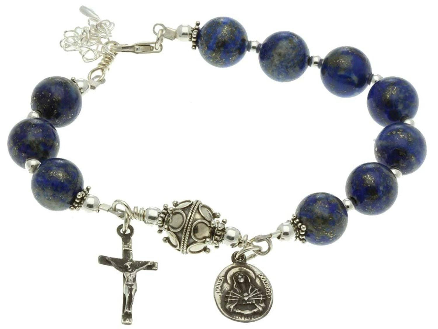 Sterling Silver Sorrows Rosary Bracelet Lapis Lazuli Crucifix