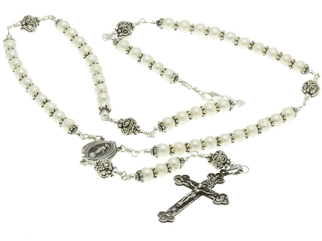 Peach - Cultured Pearl - 935 Argentium Silver - Rosary Link - Wire outlet Wrapped - Necklace - 925 Sterling Silver Filigree Box Clasp