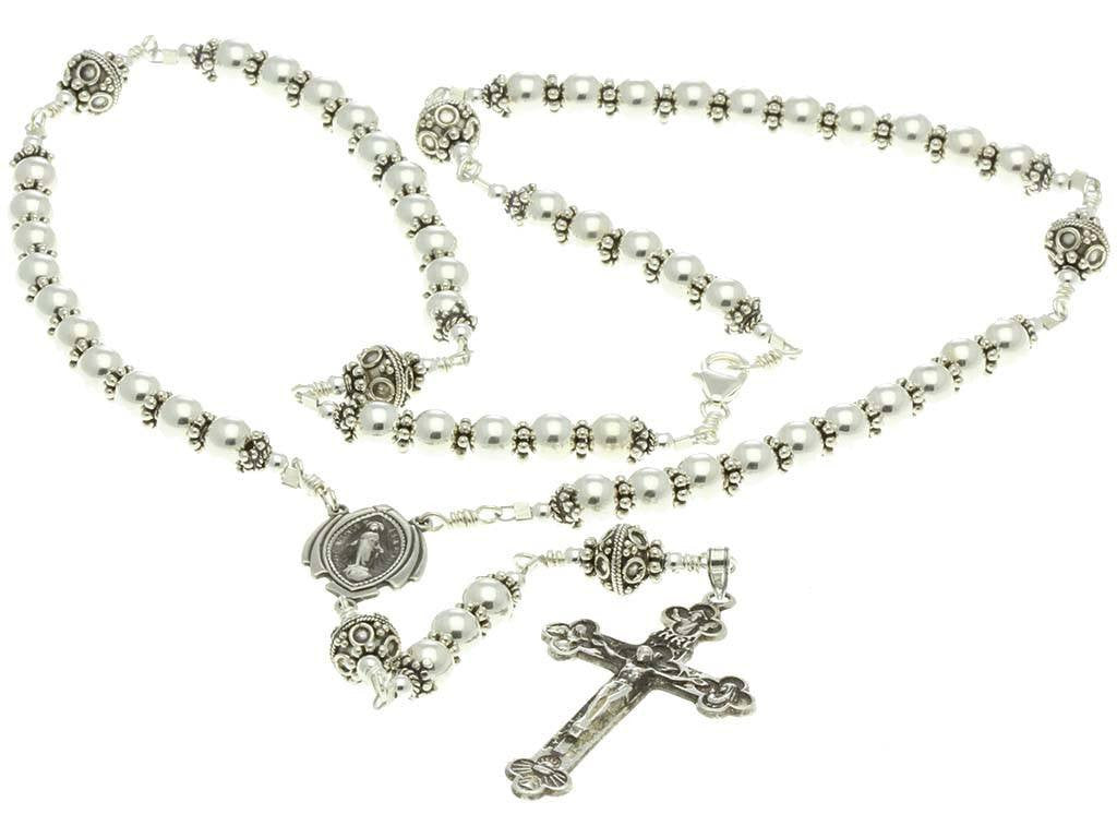 Sterling Silver Rosary Necklace 6mm beads, Crucifix &amp; Miraculous Medal