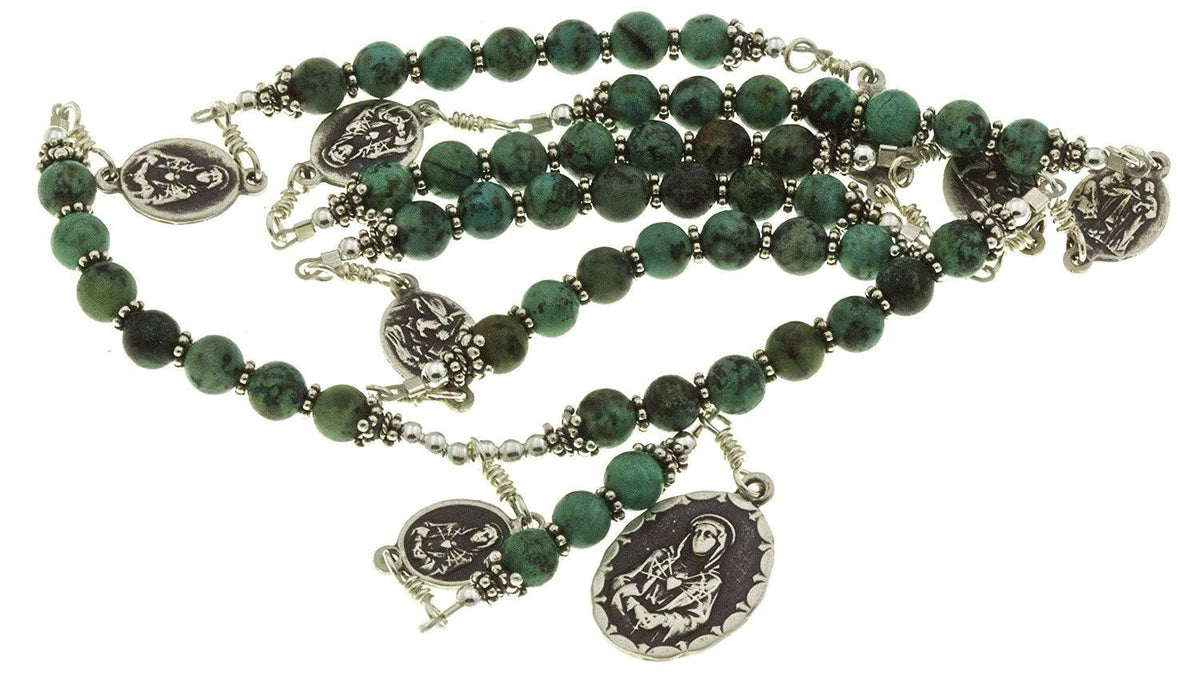 Sterling Silver 7 Sorrows Rosary Necklace Turquoise 7 Sorrows Medal set