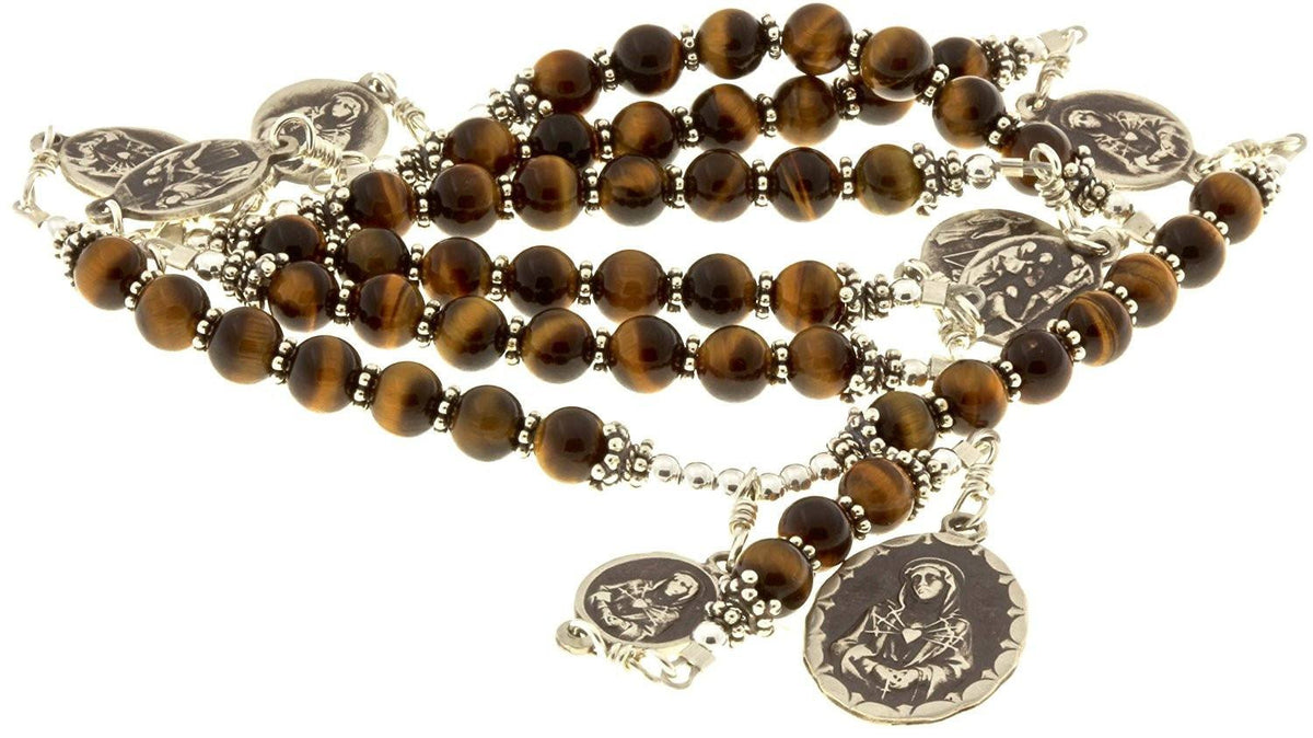 Sterling Silver 7 Sorrows Rosary Necklace Tiger Eyes 7 Sorrows Medals
