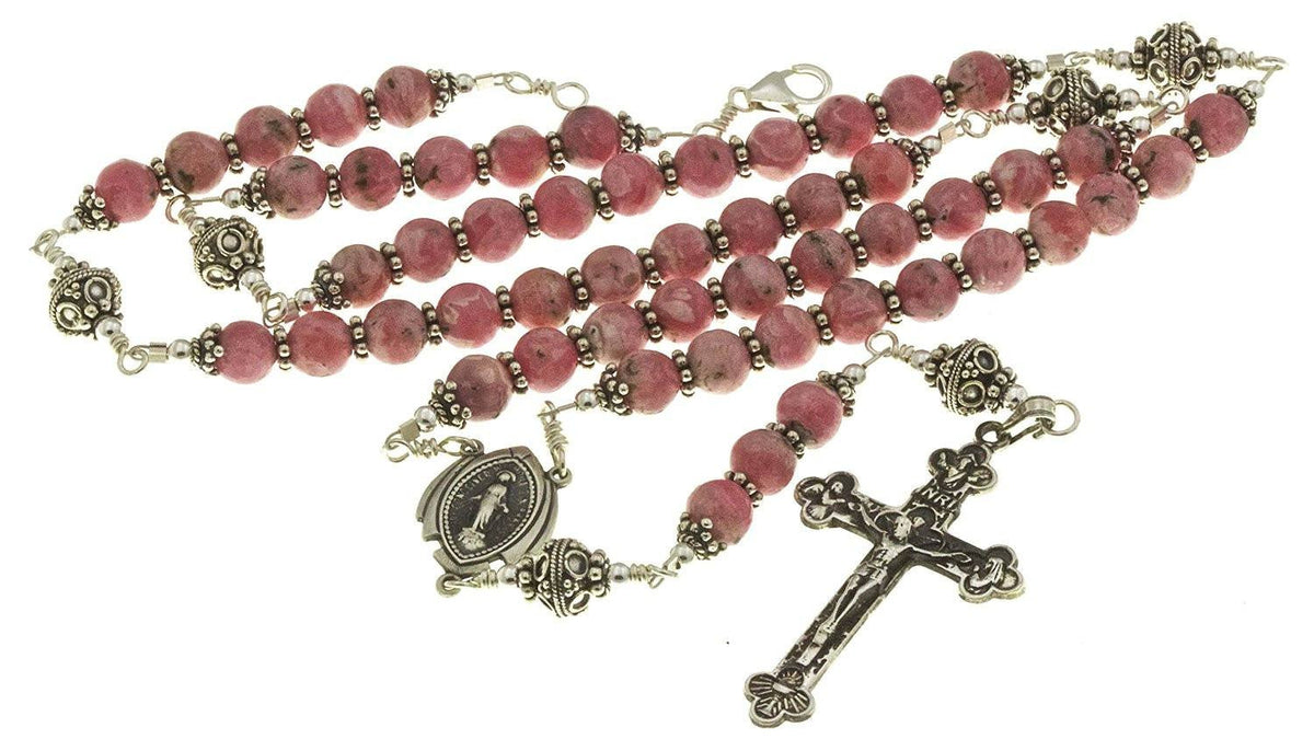 Sterling Silver Rosary Necklace, Rhodochrosite, Crucifix Miraculous Medal