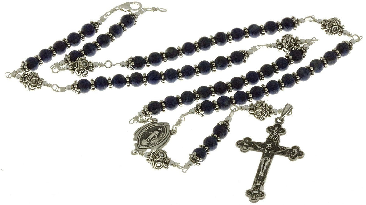 Sterling Silver Rosary Necklace Onyx Beads Crucifix Miraculous Medal
