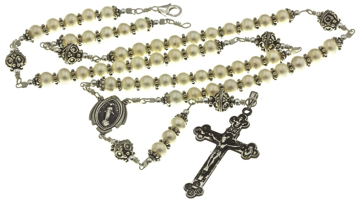 Sterling Silver Rosary Necklace Pearl Crucifix and Miraculous Medal