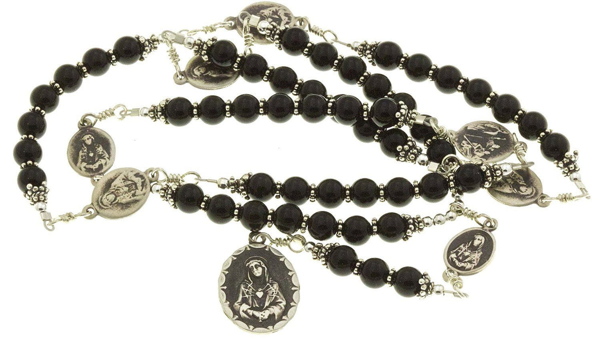 Sterling Silver 7 Sorrows Rosary Necklace Onyx and 7 Sorrows Medals