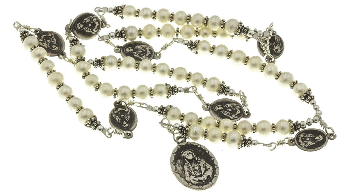 Sterling Silver 7 Sorrows Rosary Necklace Pearls with 7 Sorrows Medals