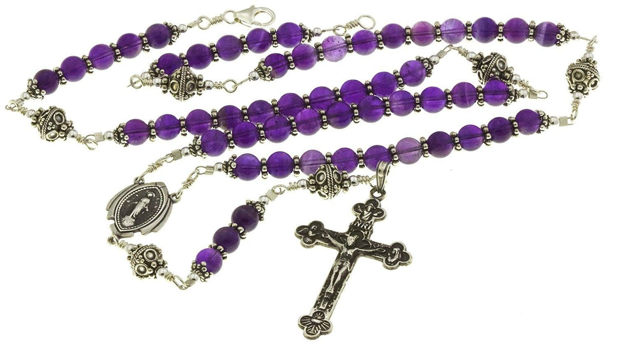 Sterling Silver Rosary Necklace Amethyst Crucifix Miraculous Medal