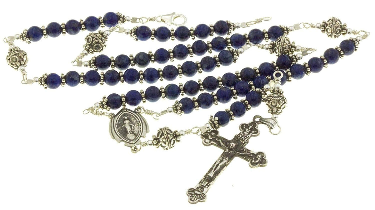 Sterling Silver Rosary Necklace, Lapis Lazuli, Crucifix Miraculous Medal