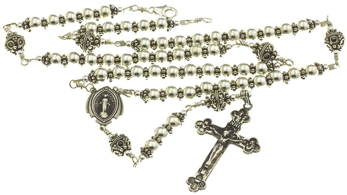 Sterling Silver Rosary Necklace 6mm beads, Crucifix &amp; Miraculous Medal