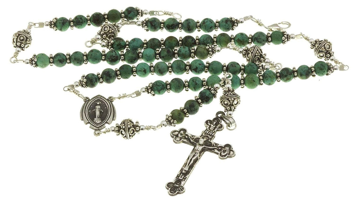 Sterling Silver Rosary Necklace Turquoise 6mm Crucifix, Miraculous Medal