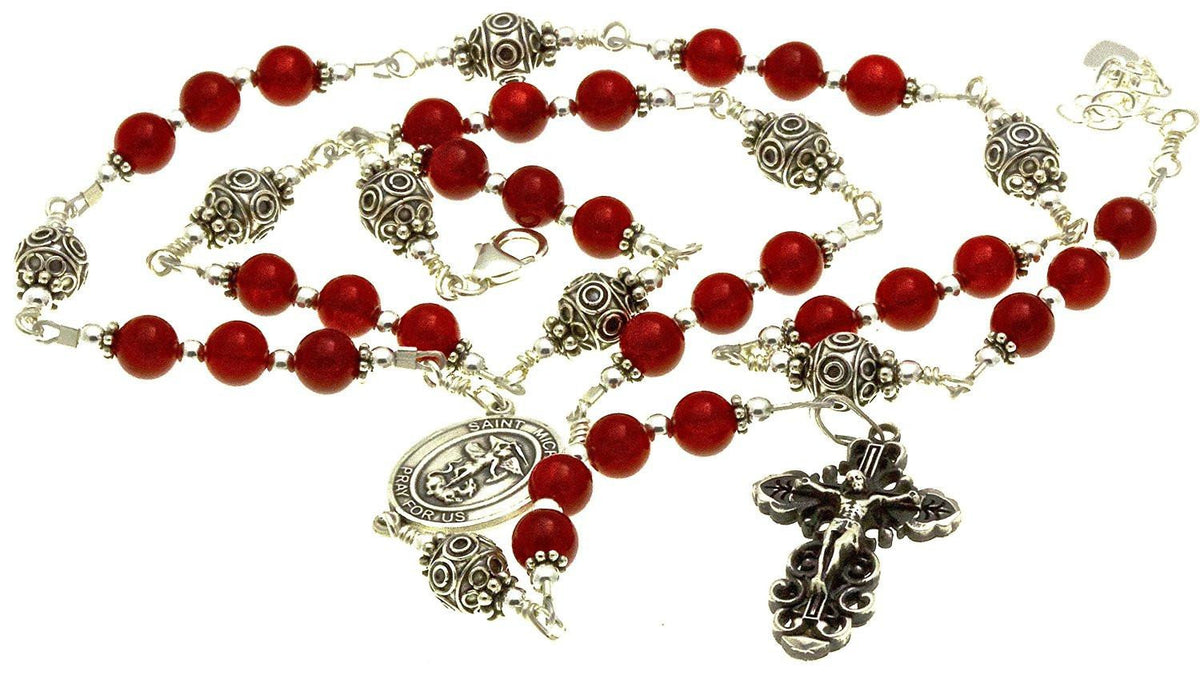 Sterling Silver St. Michael Rosary Necklace Carnelian 6mm Prayer Beads