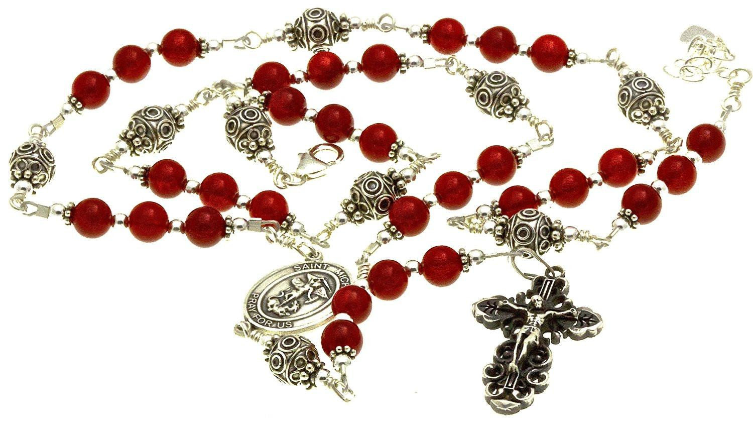 Sterling Silver St. Michael Rosary Necklace Carnelian 6mm Prayer