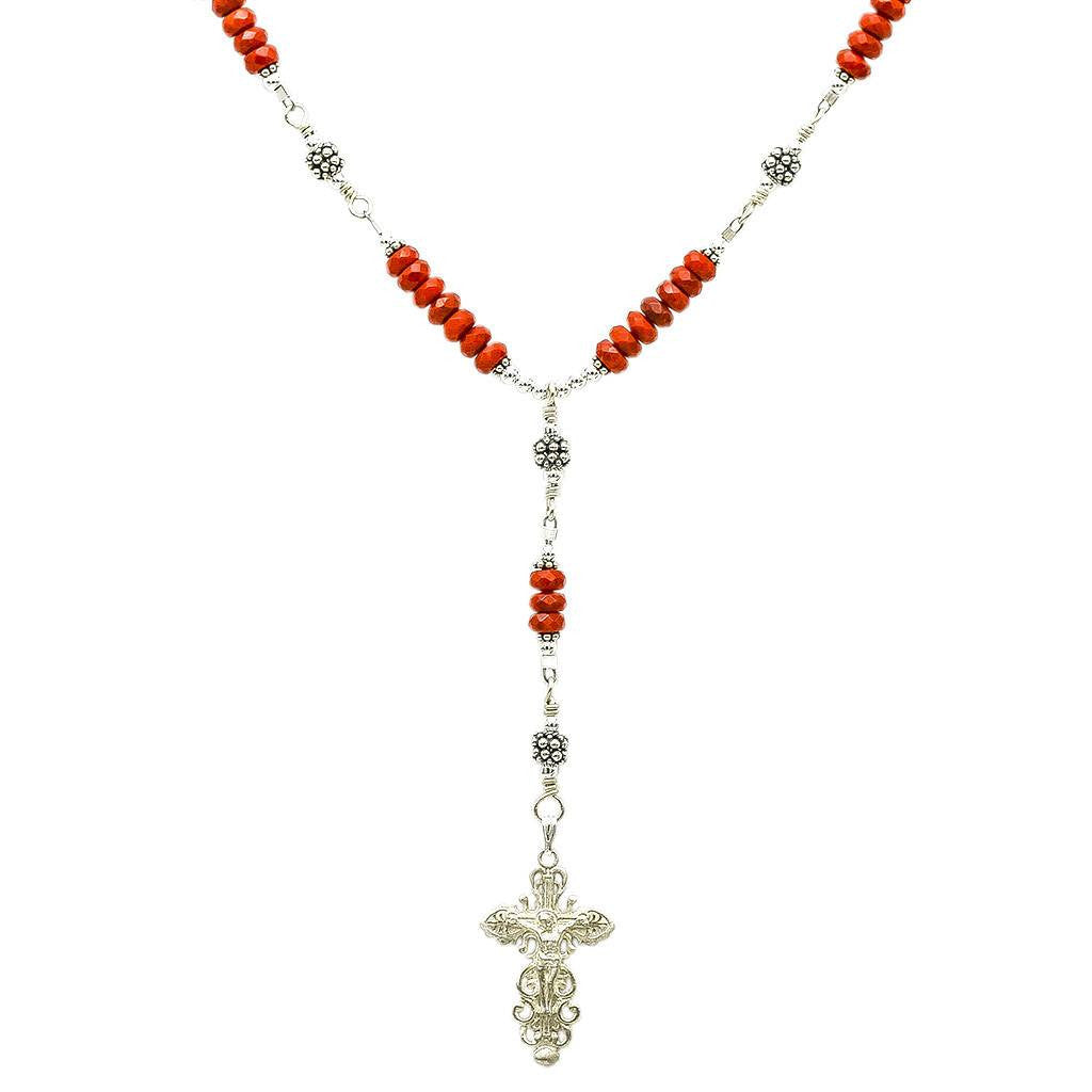 Sterling Silver 7 Sorrows Rosary Necklace Coral 6mm with Crucifix