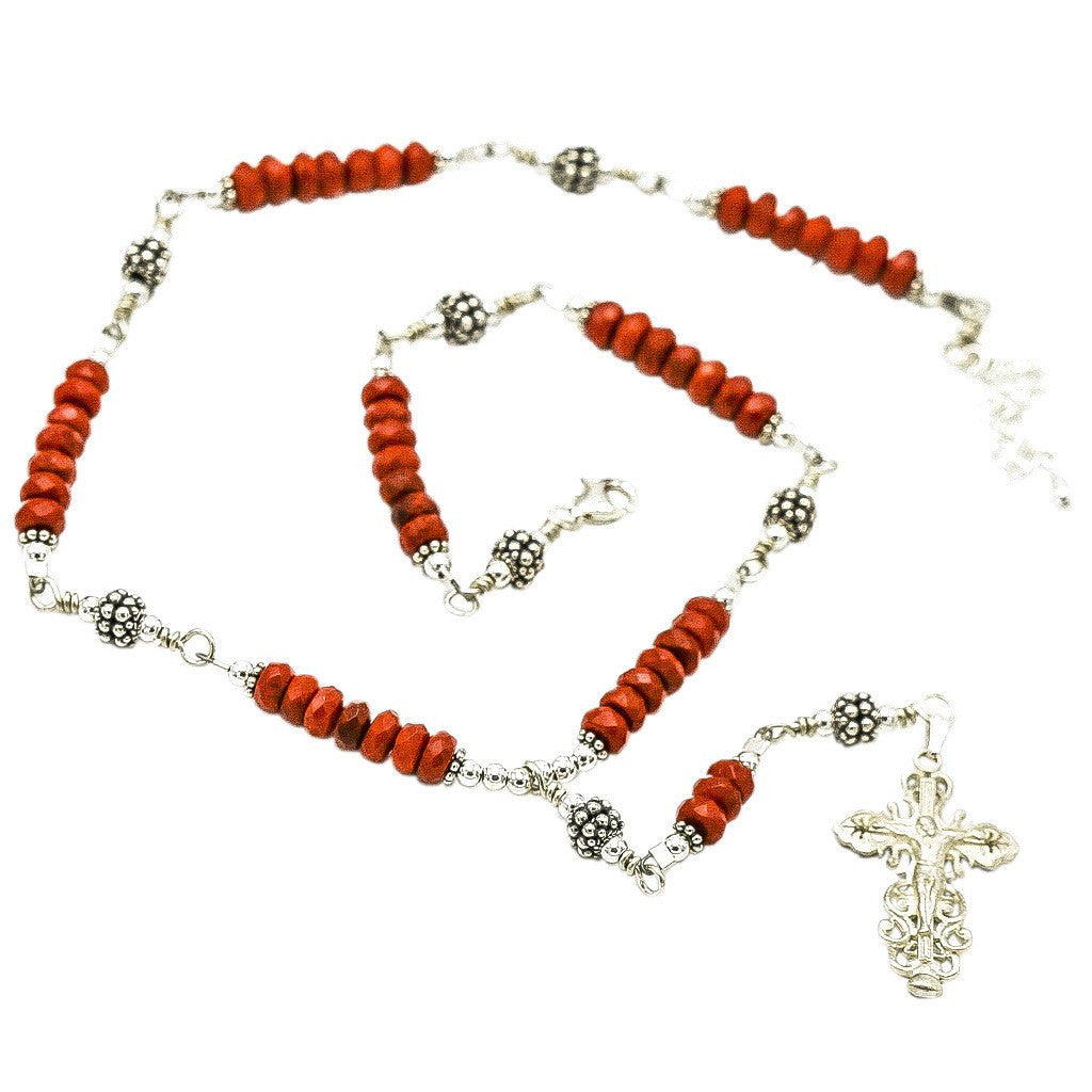 Sterling Silver 7 Sorrows Rosary Necklace Coral 6mm with Crucifix