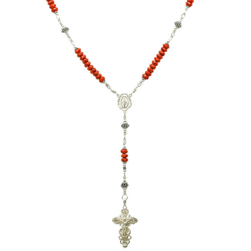 Sterling Silver Rosary Necklace, Red Coral 6mm with Crucifix & Miraculous Medal