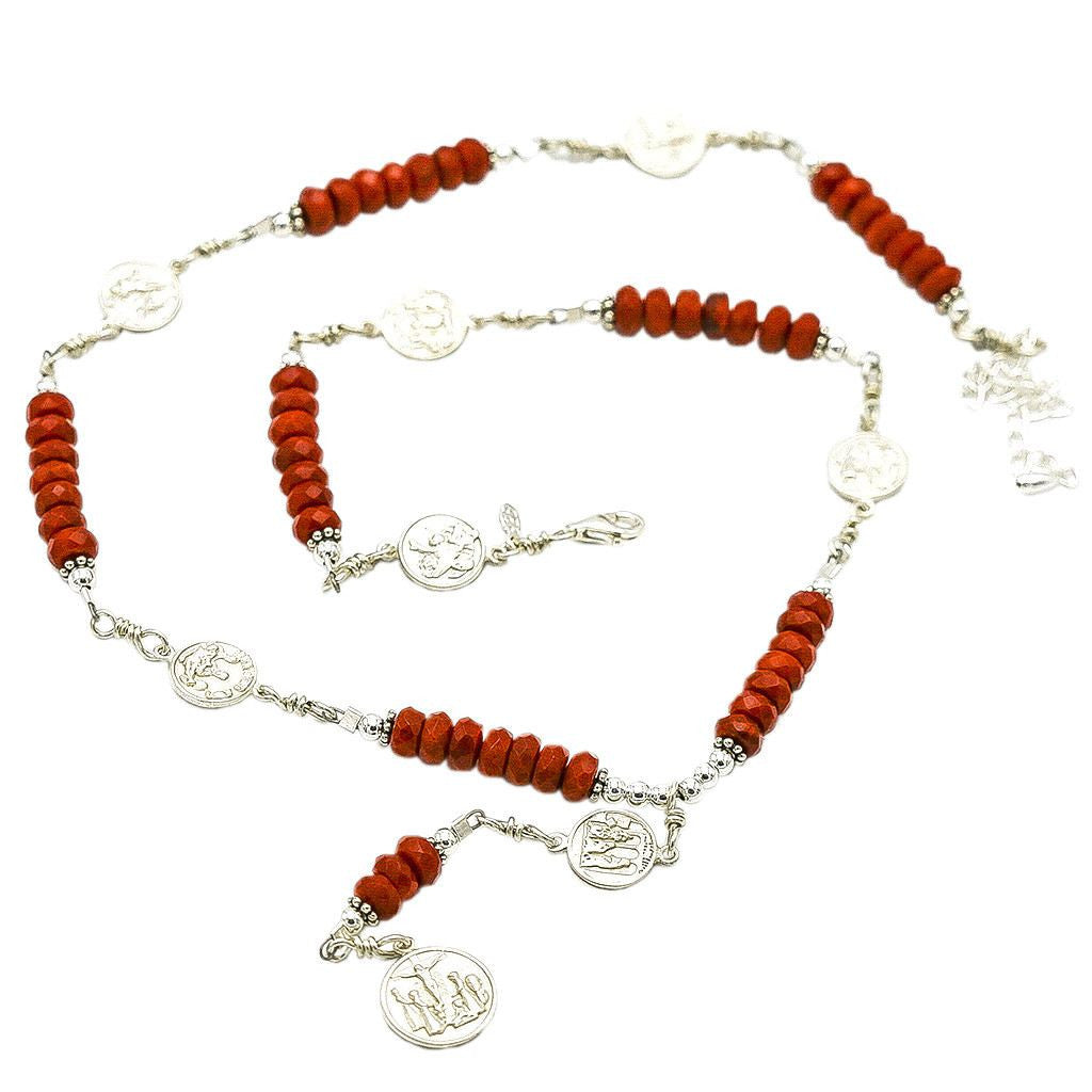 Sterling Silver 7 Sorrows Rosary 6mm Coral Necklace with 7 Sorrows Medal Set