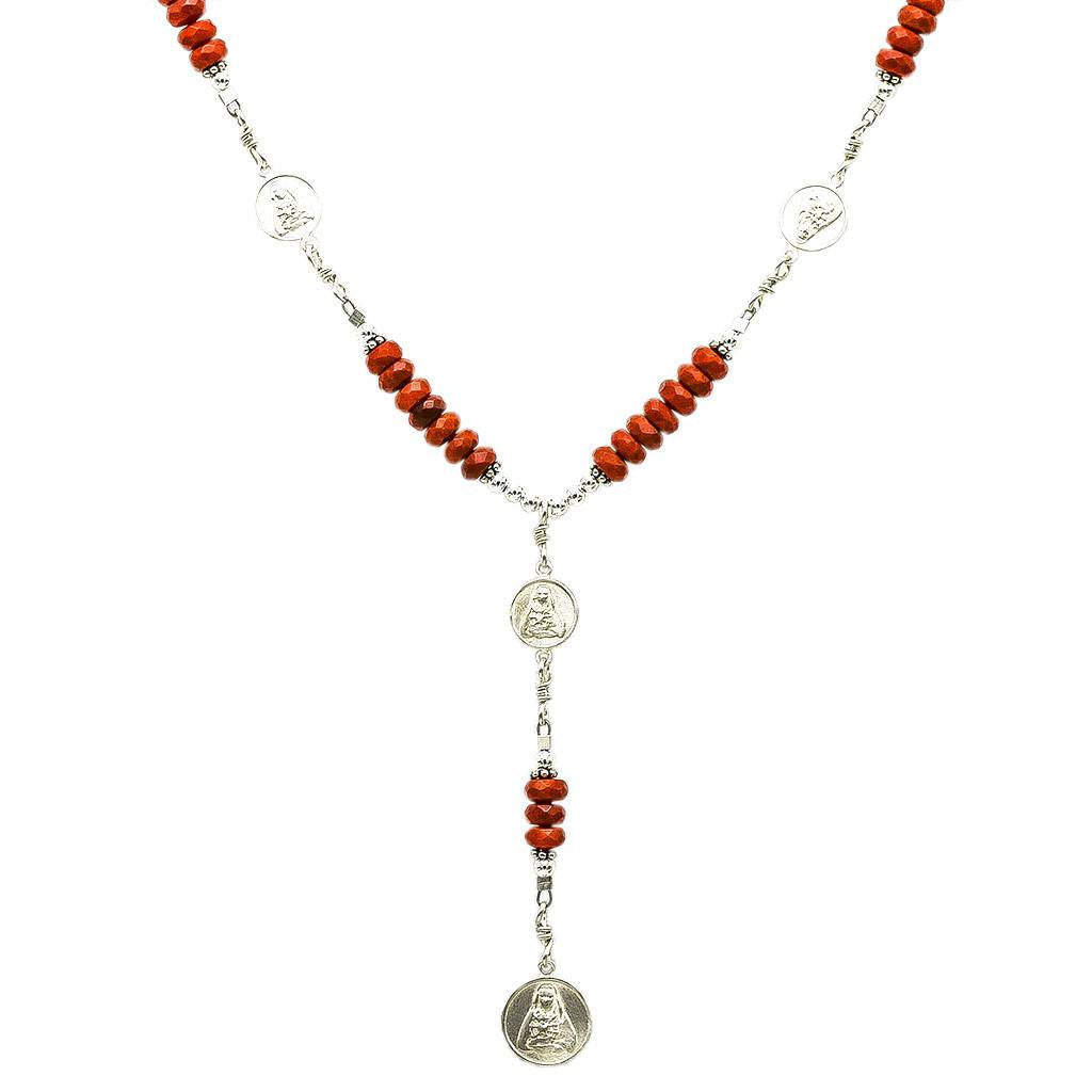 Sterling Silver 7 Sorrows Rosary 6mm Coral Necklace with 7 Sorrows Medal Set