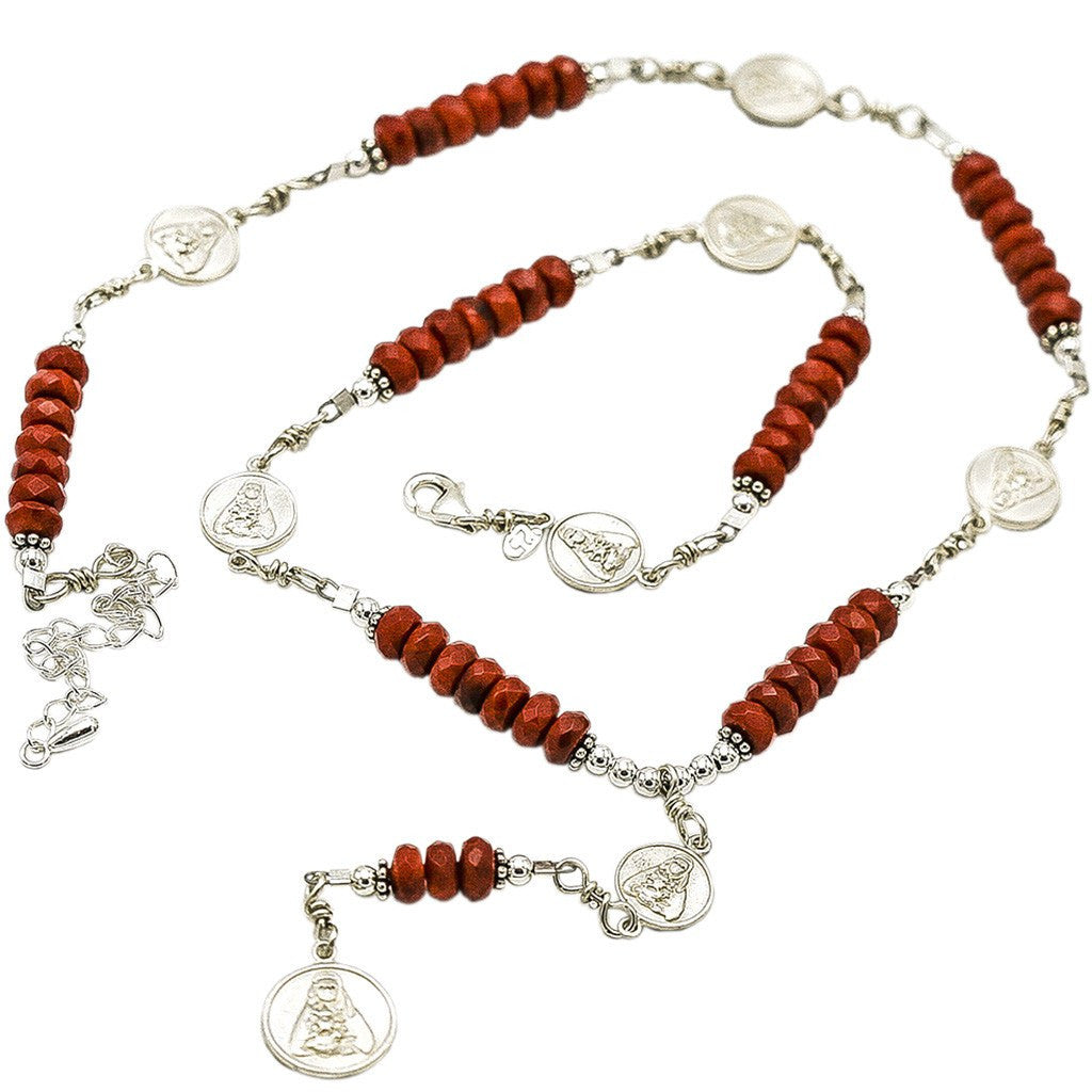 Sterling Silver 7 Sorrows Rosary 6mm Coral Necklace with 7 Sorrows Medal Set