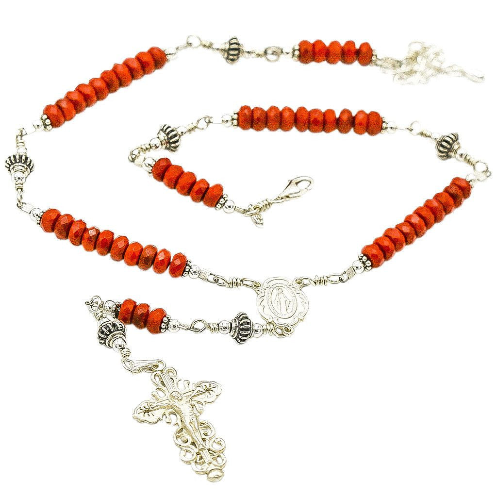 Sterling Silver Rosary Necklace, Red Coral 6mm with Crucifix &amp; Miraculous Medal