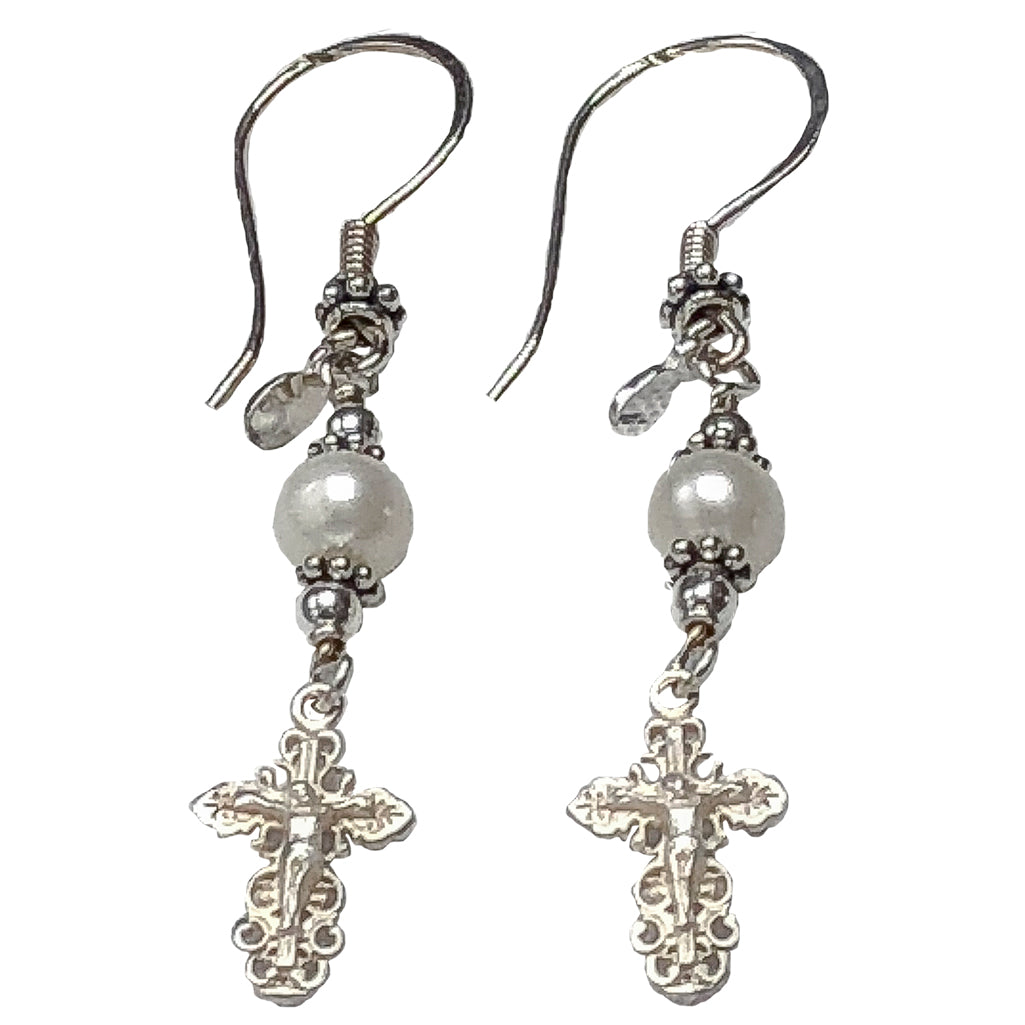 Handmade New Model, Sterling Silver Crucifix Earrings Freshwater-Cultured Pearl  #2