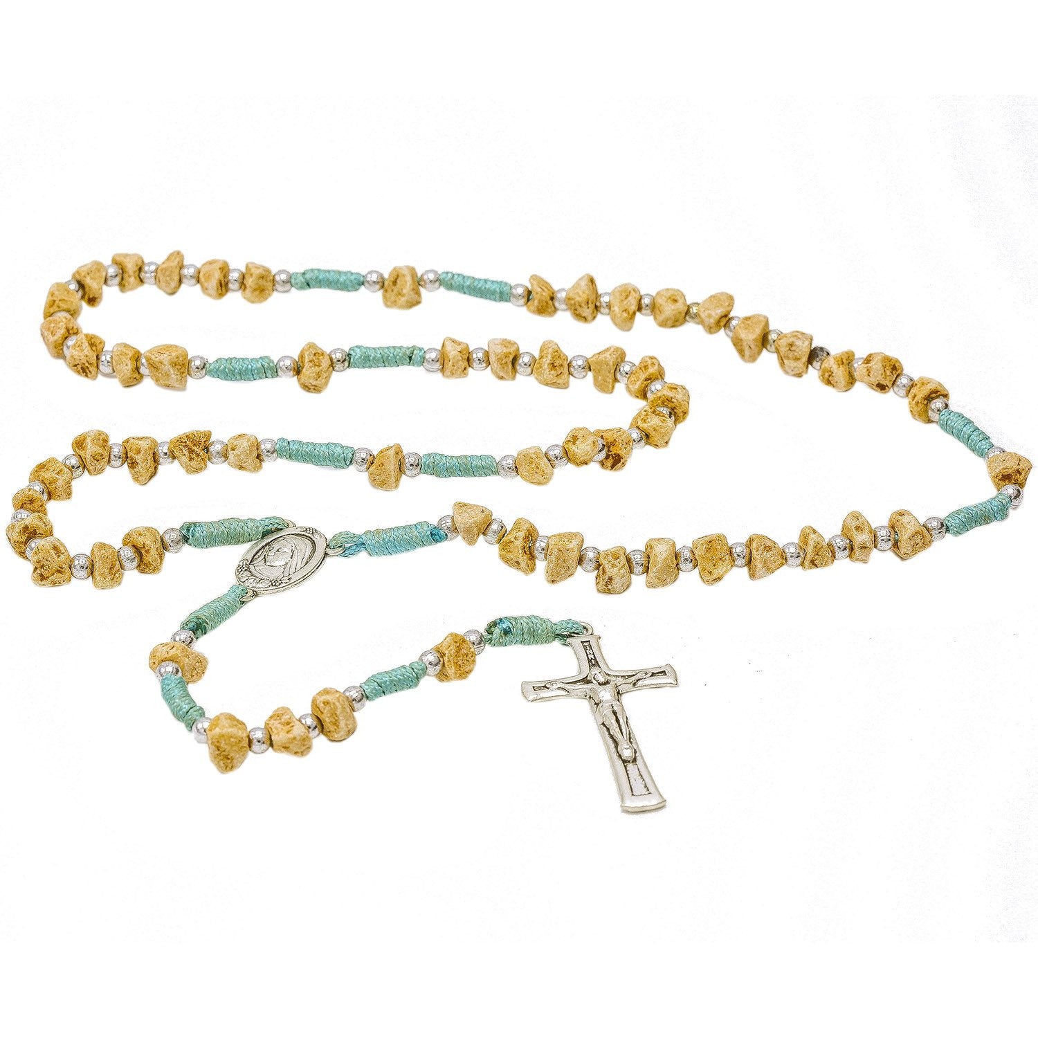 Handmade Medjugorje light Blue Cord Rosary Our Lady of Medjugorje Center Piece and Crucifix