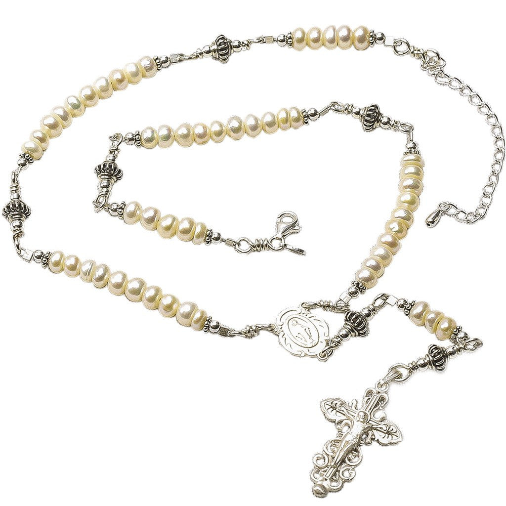 Sterling Silver Rosary Necklace, Freshwater-Cultured Pearl