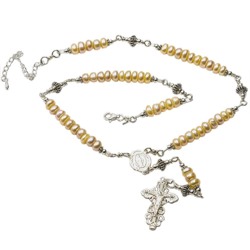 Sterling Silver Rosary Necklace, Freshwater-Cultured Pearl