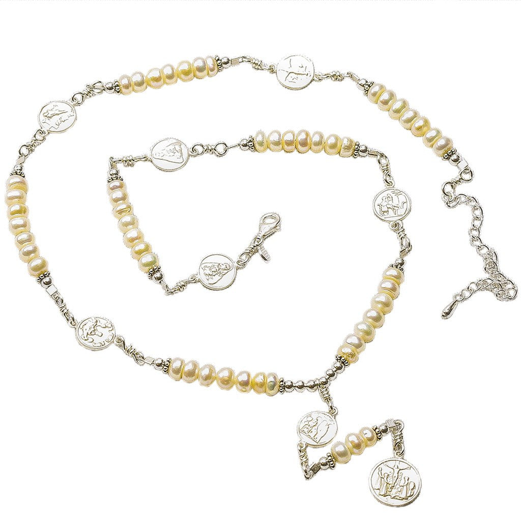 Sterling Silver 7 Sorrows Rosary Medal Set Pearl Necklace