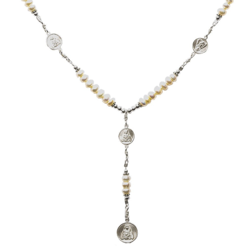 Sterling Silver 7 Sorrows Rosary Medal Set Pearl Necklace