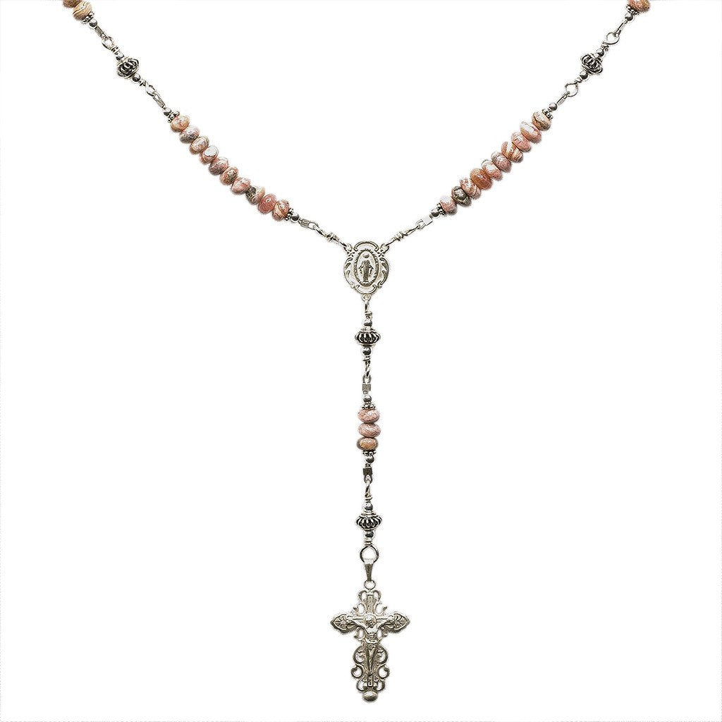Sterling Silver Rosary Necklace, Rhodochrosite Stone