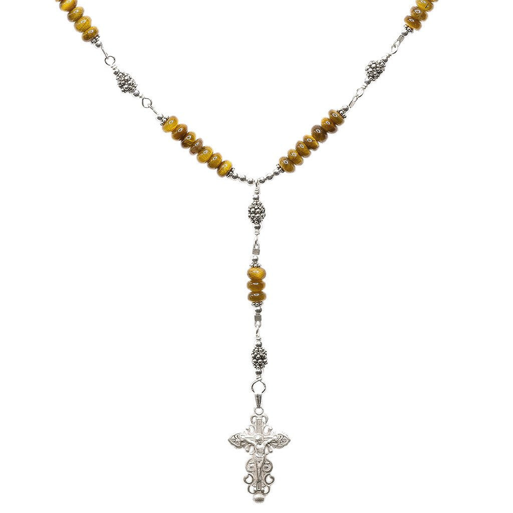 Sterling Silver 7 Sorrows Rosary Necklace Tiger Eyes