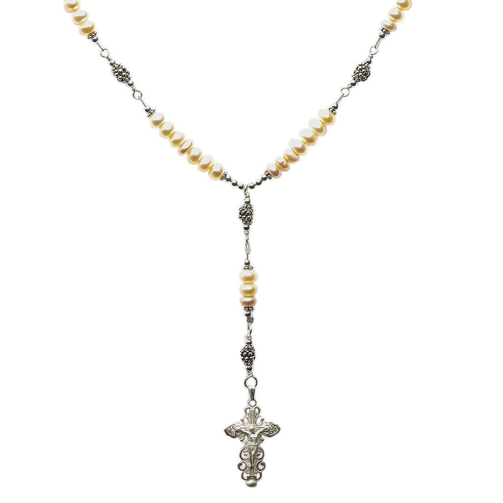 Sterling Silver 7 Sorrows Rosary Necklace Freshwater-Cultured Pearls
