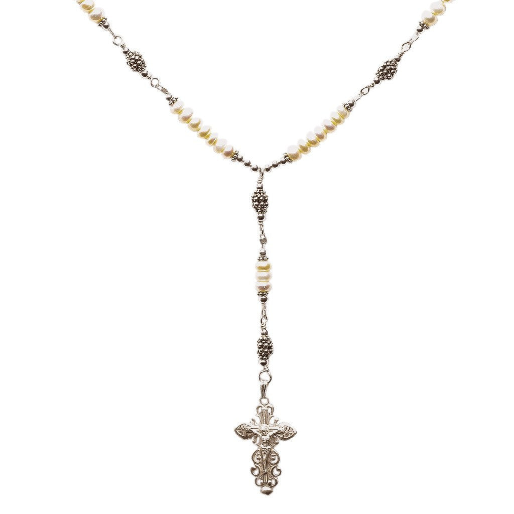Sterling Silver 7 Sorrows Rosary Necklace Freshwater-Cultured Pearls