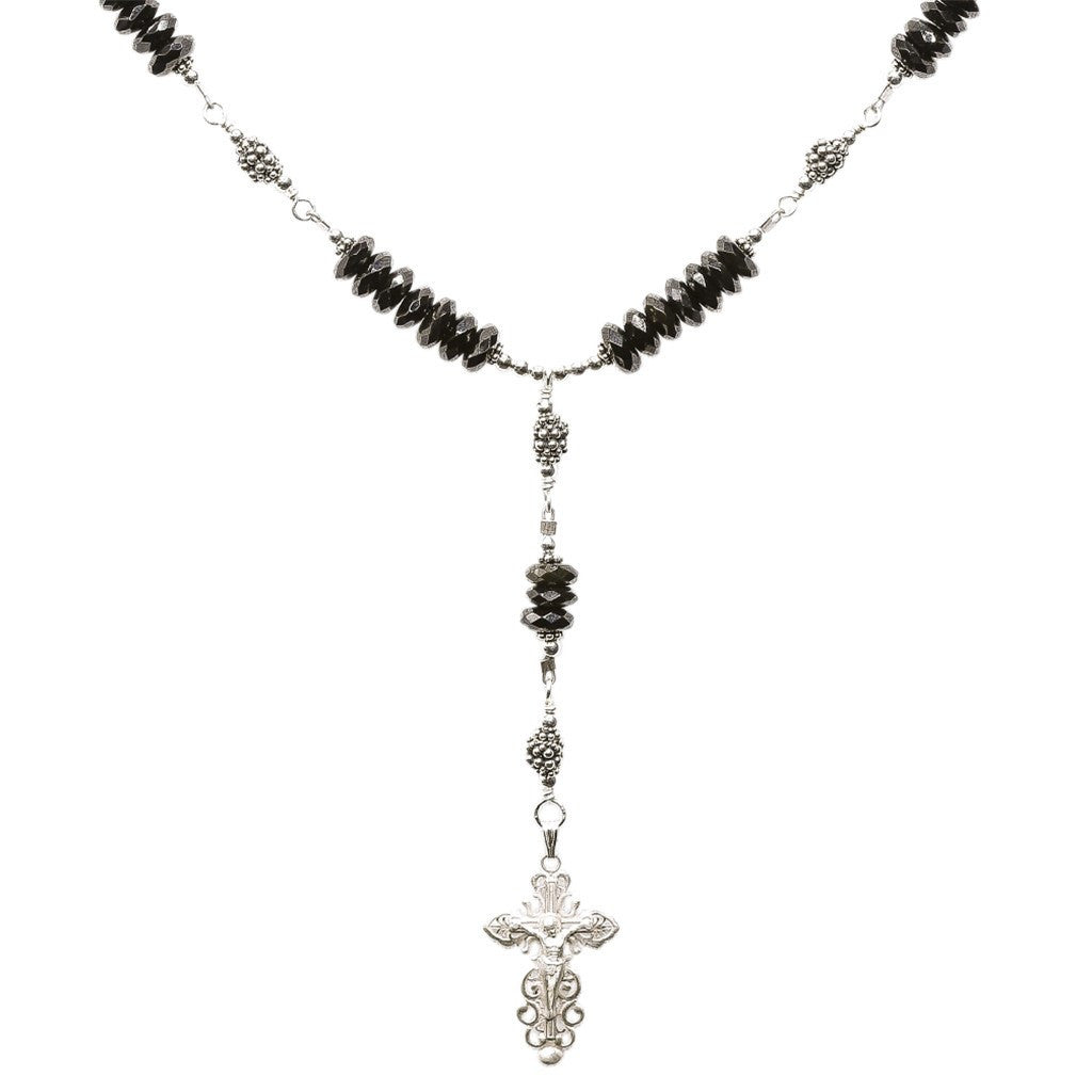Sterling Silver 7 Sorrows Rosary Necklace Faceted Onyx