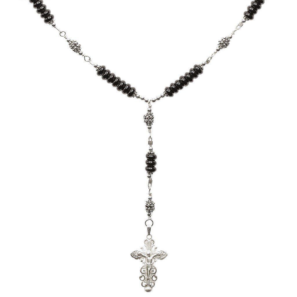 Sterling Silver 7 Sorrows Rosary Necklace Onyx