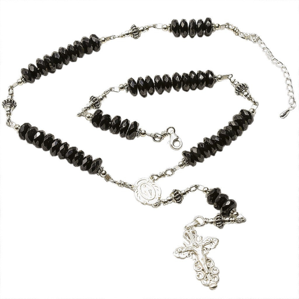 Sterling Silver Rosary Necklace with 6mm Faceted Onyx Gem beads 7 Sorrows Rosaries