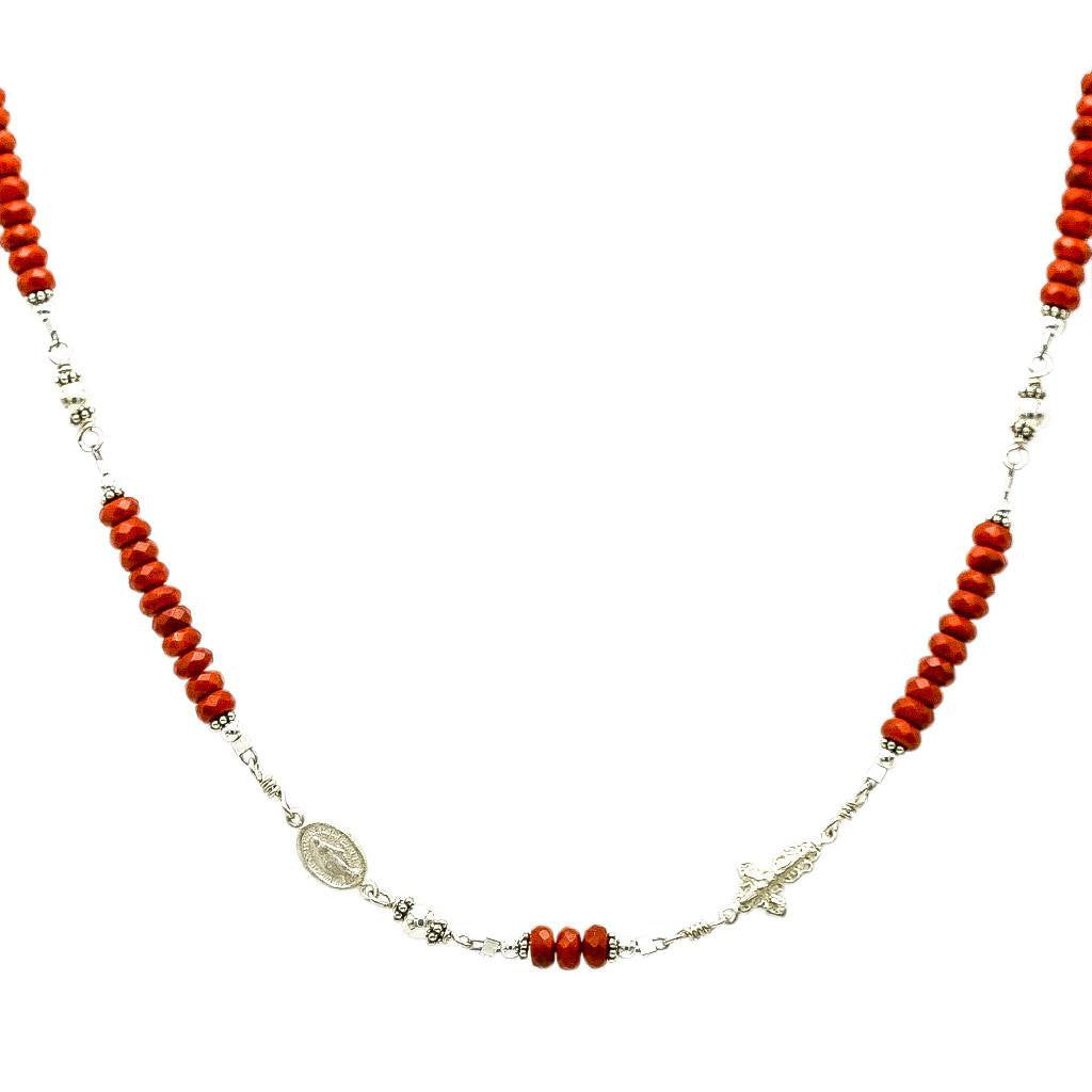 Sterling Silver Rosary Necklace, Coral 6mm with Crucifix &amp; Miraculous Medal