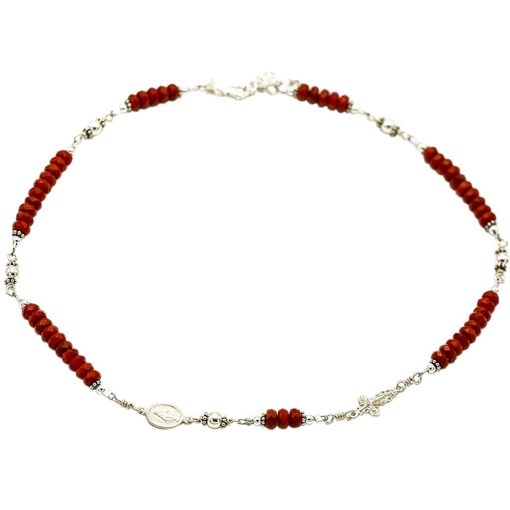 Sterling Silver Rosary Necklace, Coral 6mm with Crucifix &amp; Miraculous Medal